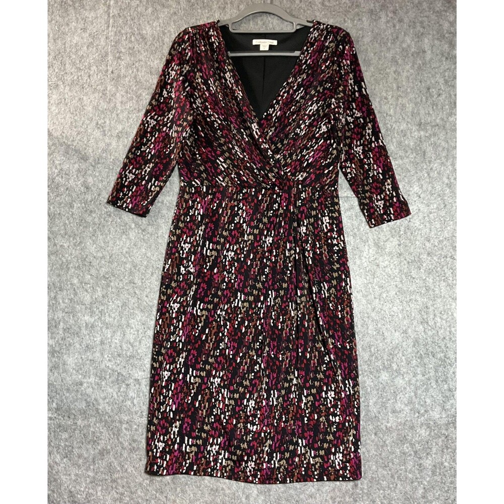 Coldwater Creek Dress Womens 6 Black Geometric Faux Wrap 3/4 Sleeve Office Work